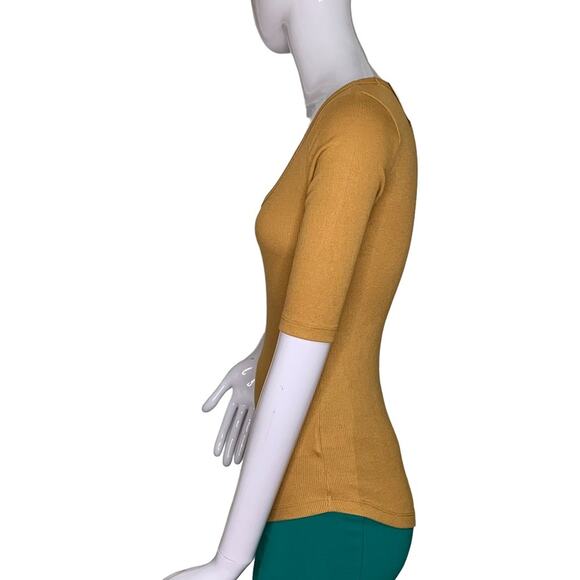 Gap NWT Ribbed Top Size XS 3/4 Sleeve Wide Round Neckline Mustard Yellow Fitted - Picture 4 of 10